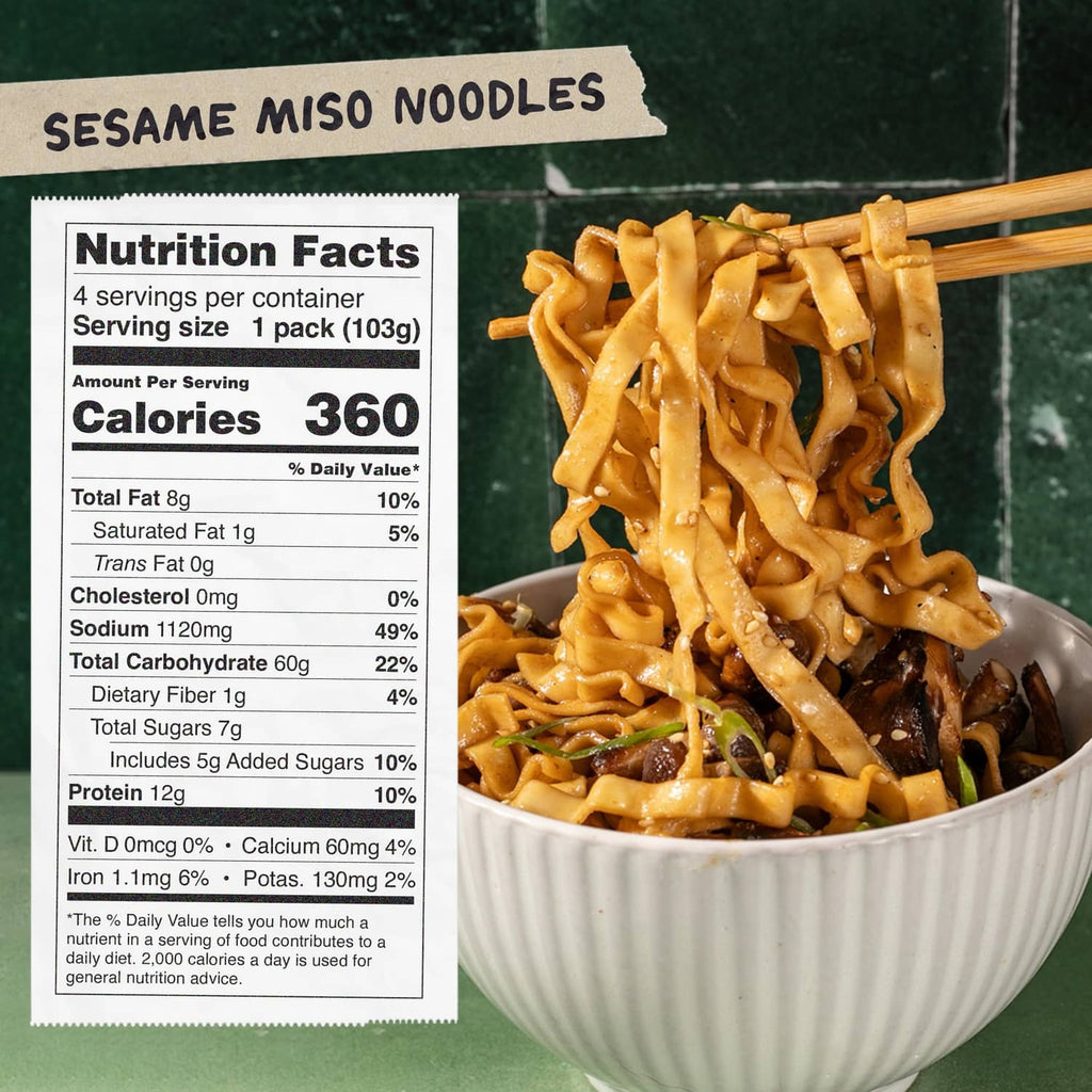 Sesame miso noodles, nutrition facts panel with bowl of cooked noodles