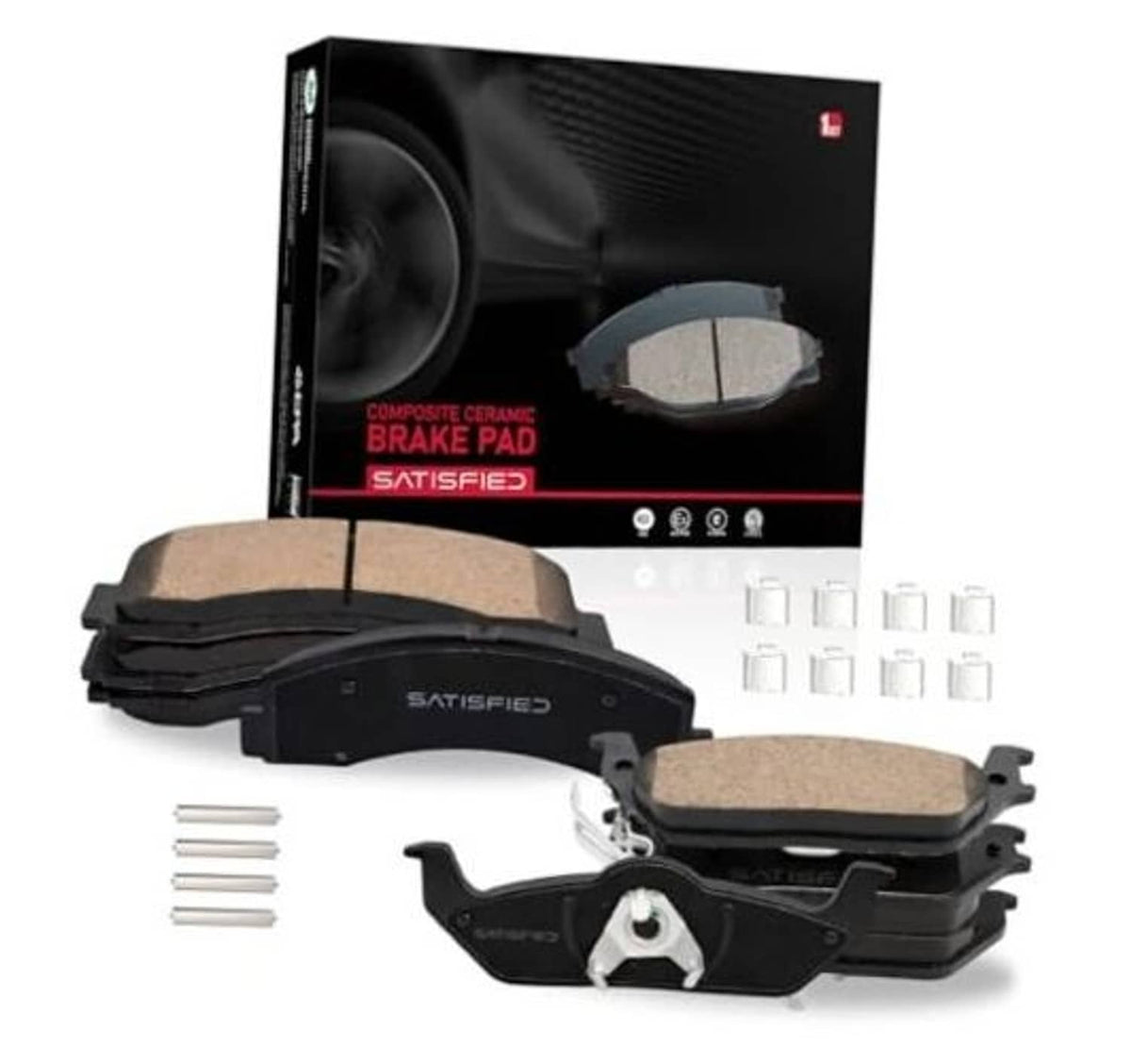Front and rear ceramic brake pad kit with two pads, pins, and boxed packaging