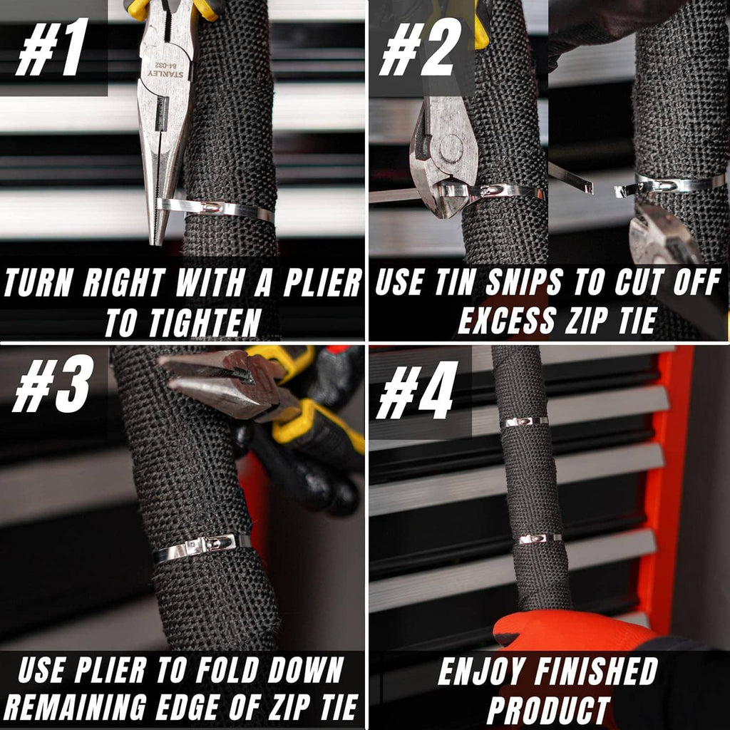 Hands using pliers on a metal zip tie to tighten and trim the end