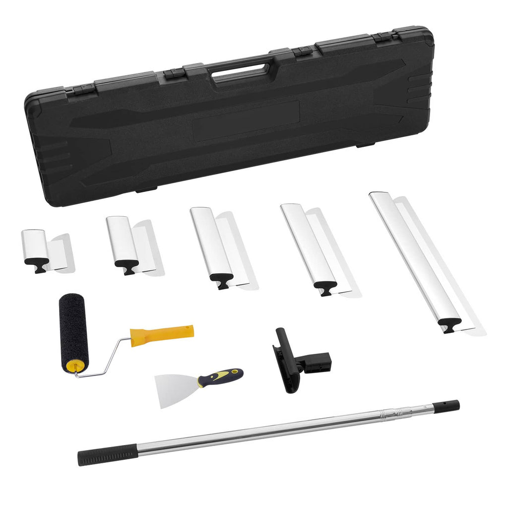 Drywall skimming blade set with black storage case, roller tool, and stainless blades