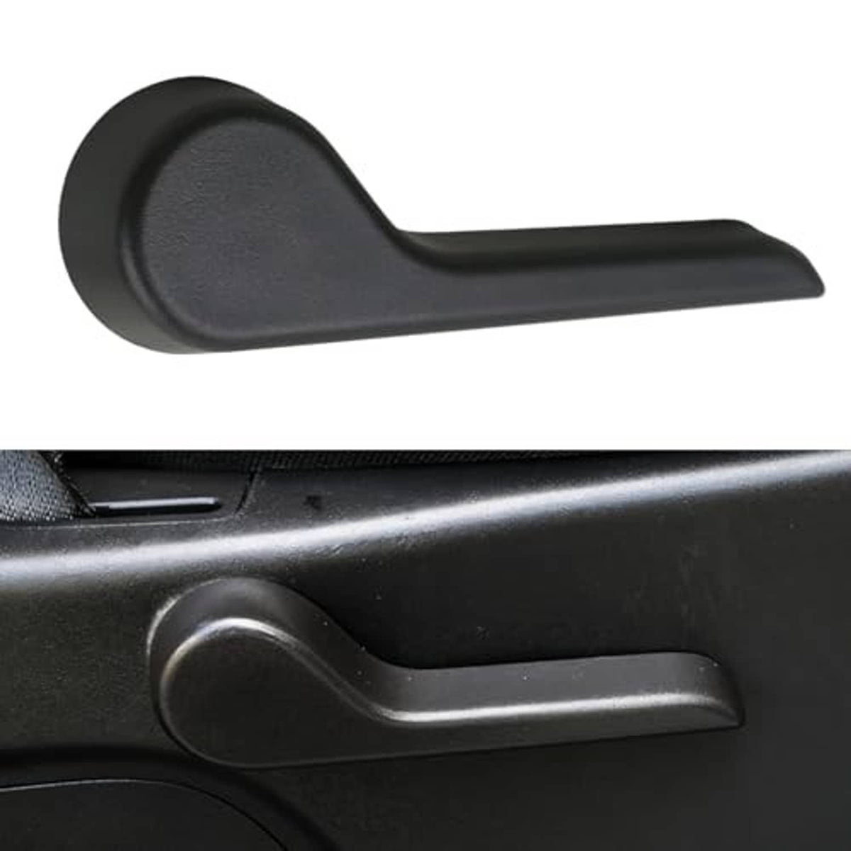 Black seat back adjustment handle lever on seat panel with metal insert
