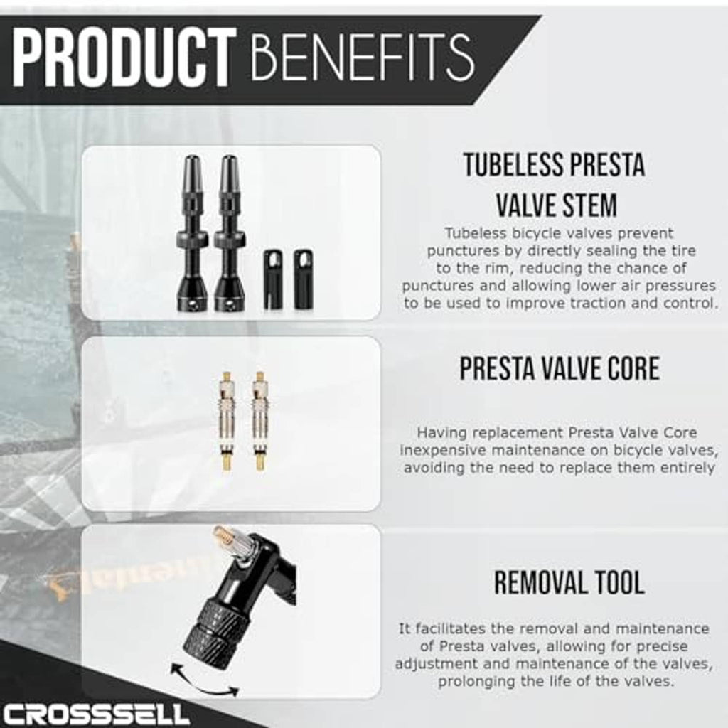 Tubeless Presta valve stem kit with two stems, valve cores, and removal tool