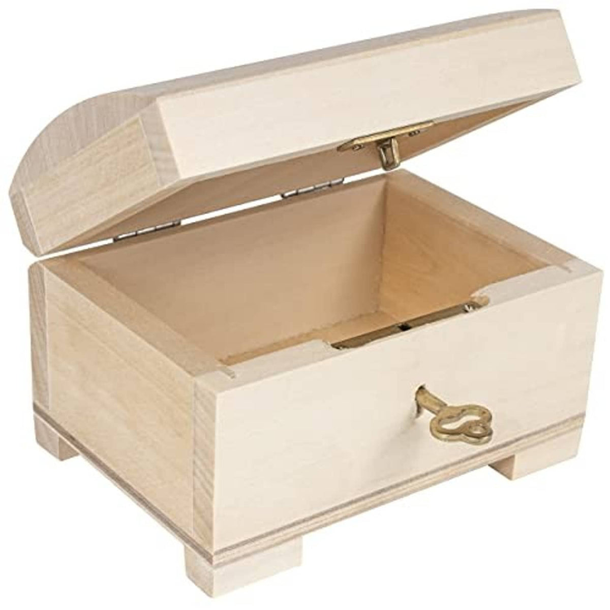 Lockable small wooden jewelry box with hinged lid and brass keyhole