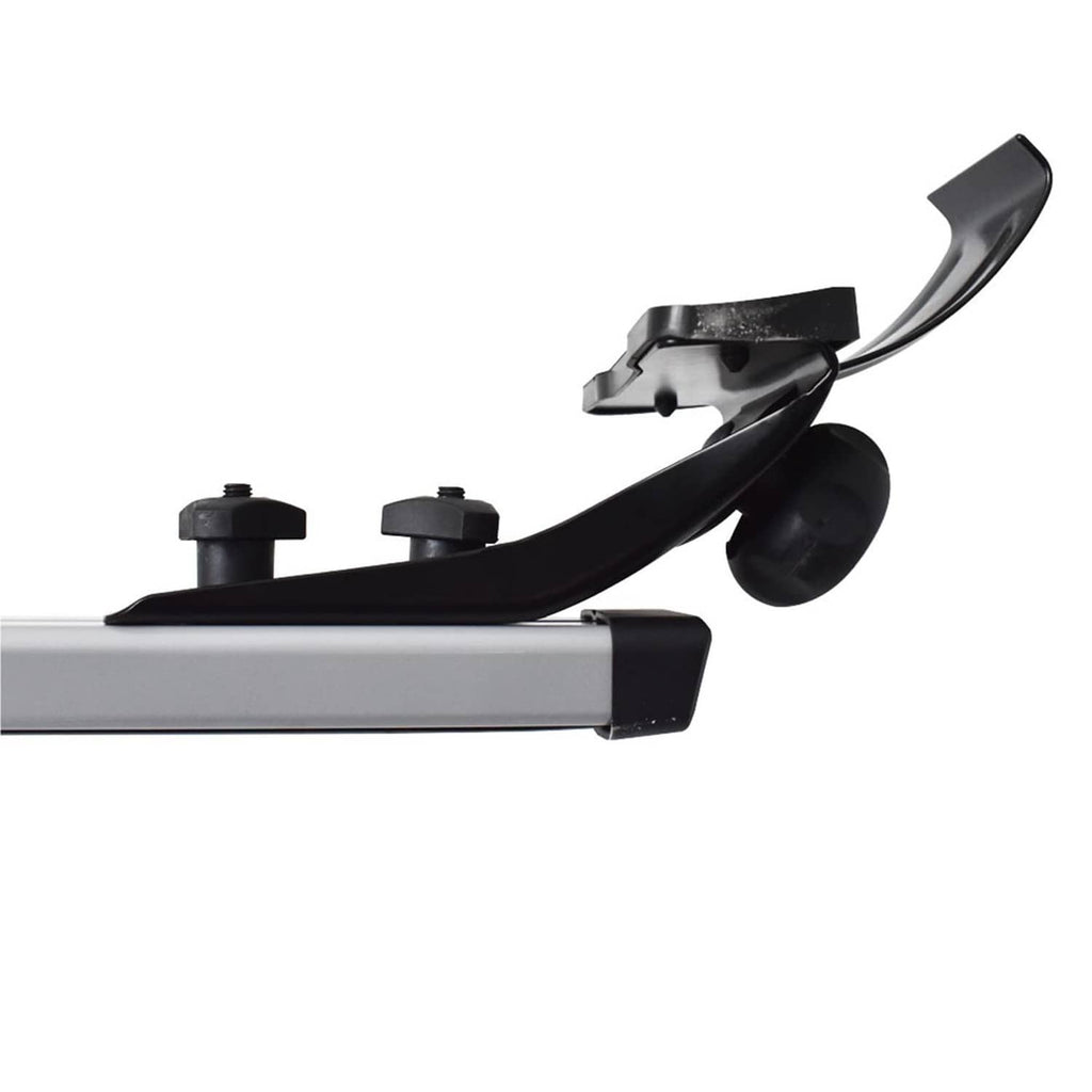 Car roof cross bar clamp end with black mounting bracket on silver rail.