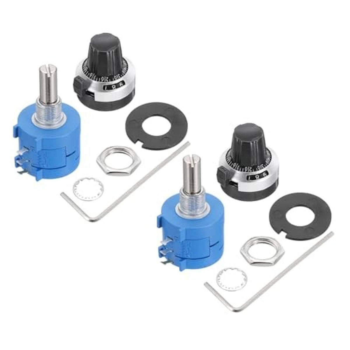Rotary multi-turn potentiometer parts set: blue housings, black knobs, mounting nuts and spacers
