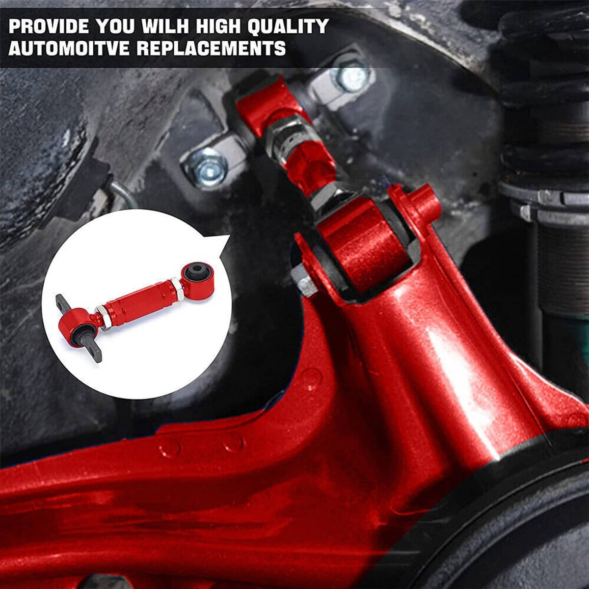 Red adjustable control arm bushing and ball joint with protective dust boot