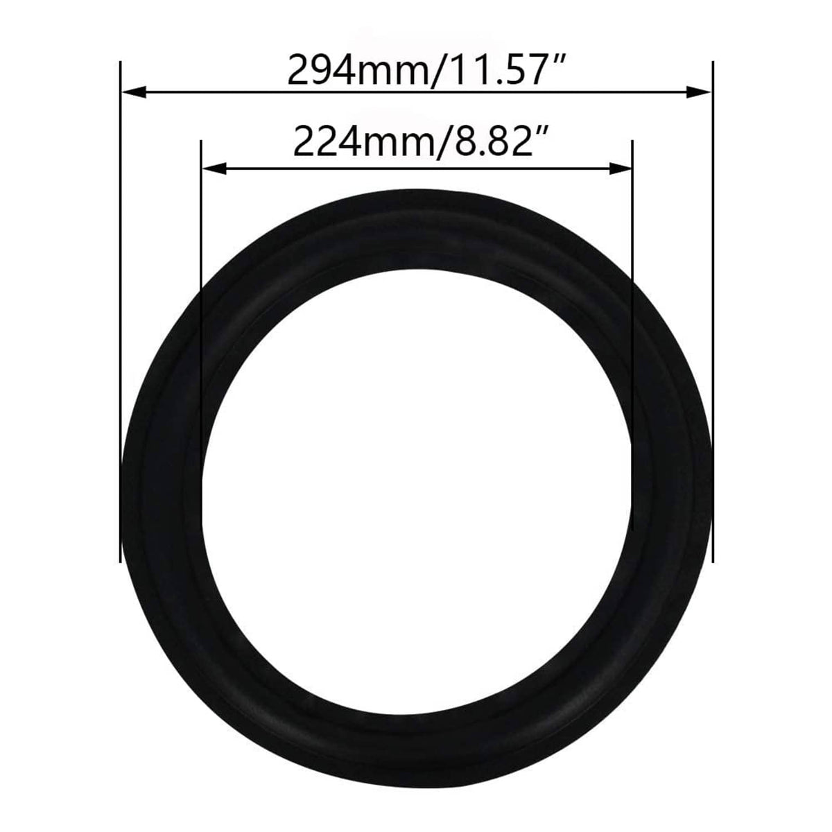 Black rubber speaker surround ring with size markings: 294mm/11.57 in, 224mm/8.82 in.