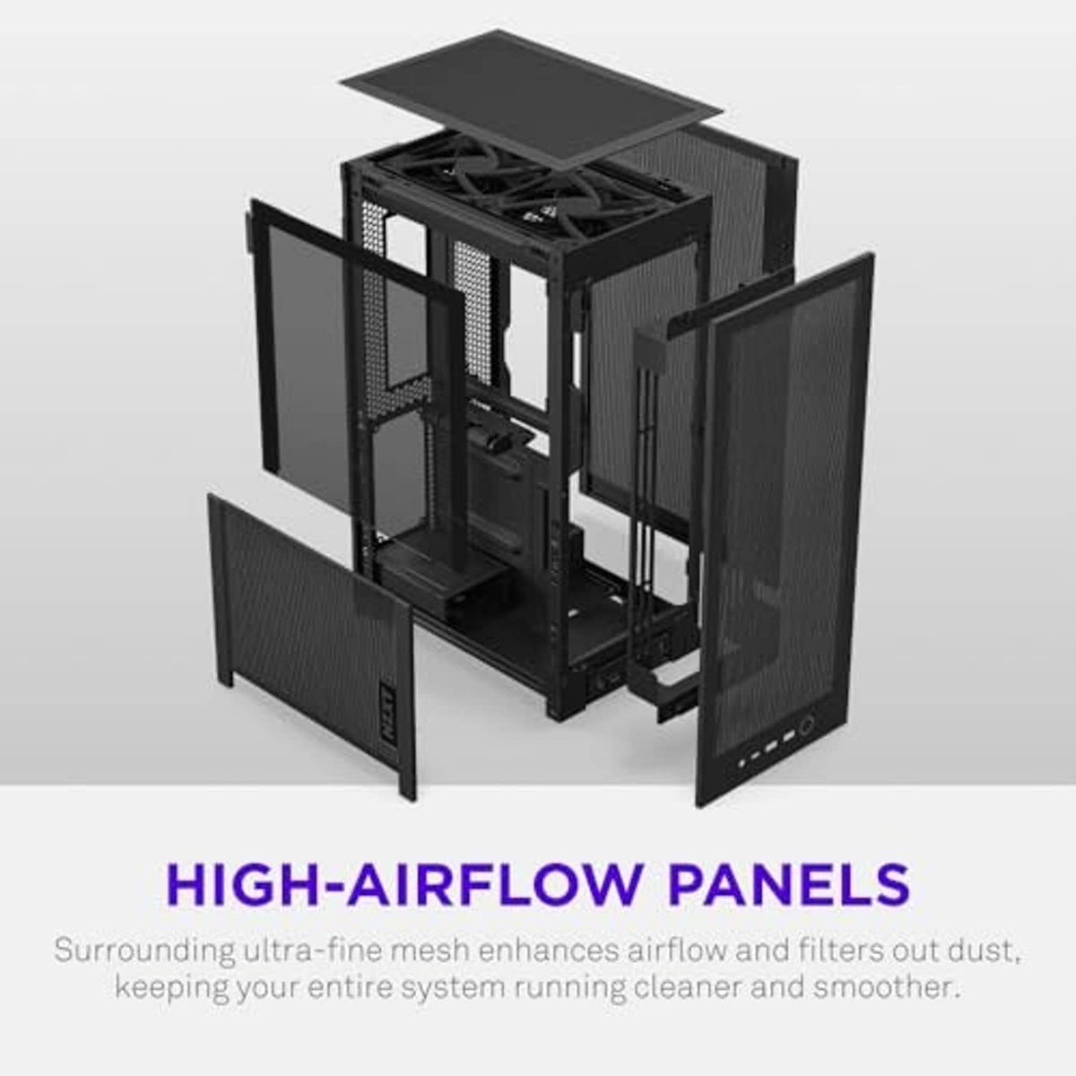 Black Mini-ITX PC case with top open, exposed frame and mesh front side panels