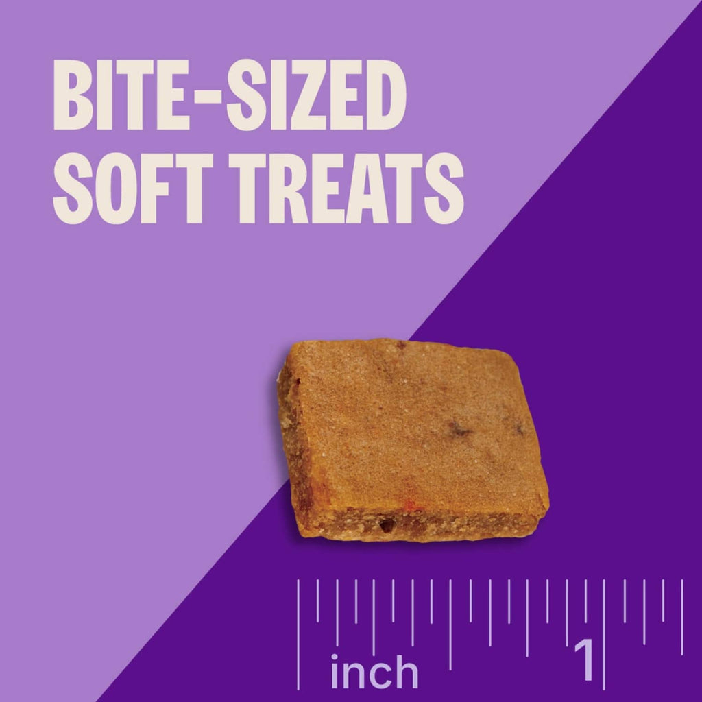 Brown bite-sized soft dog treat with inch measuring scale