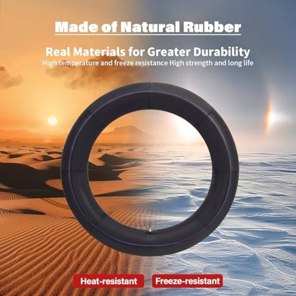 Black inner tube with valve stem, natural-rubber durability badge