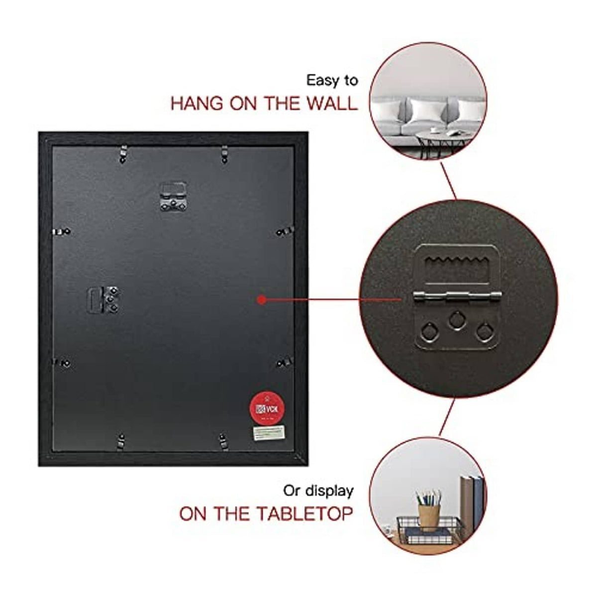 Set of 2 picture frames, showing back panel with hanging hardware and metal tabs