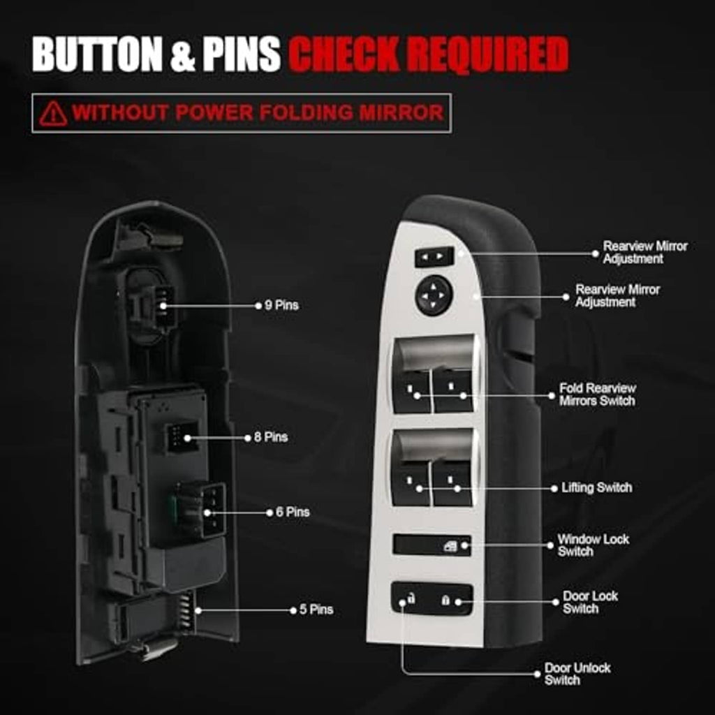 Power window switch assembly showing front button layout for window lock and door unlock