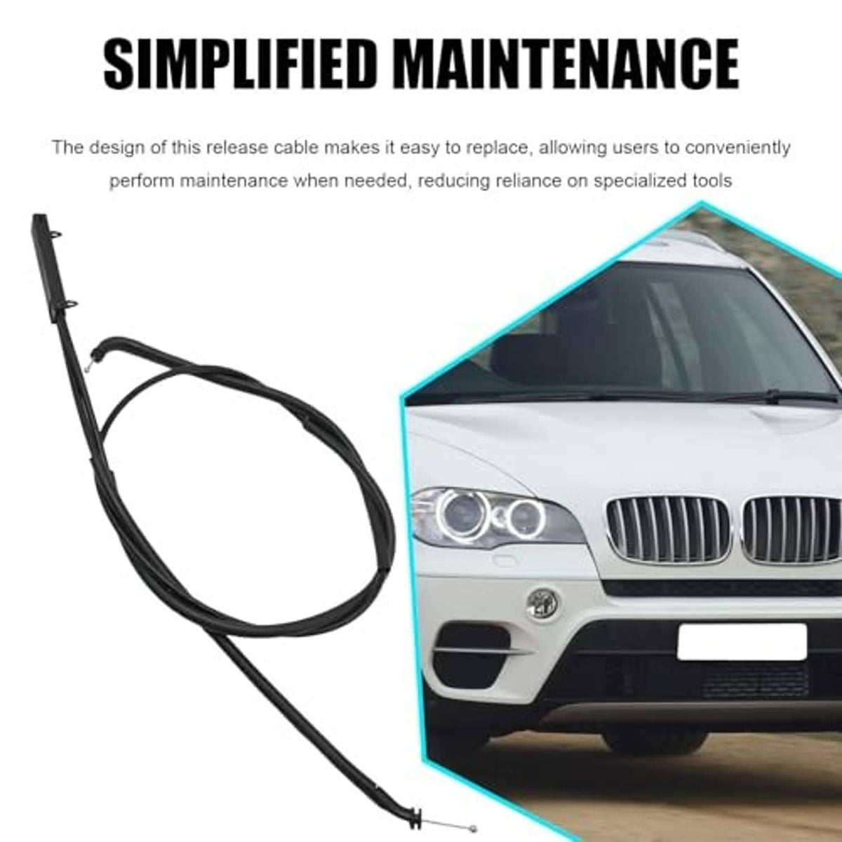 Black hood release cable with looped section and pointed mounting tab