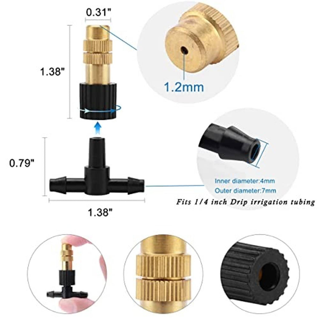 Adjustable three-way atomizing nozzle with brass insert and black tubing connection