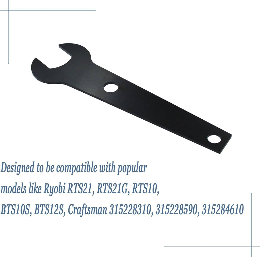 Black table saw blade wrench with fork notch, circular hole, and wide bar