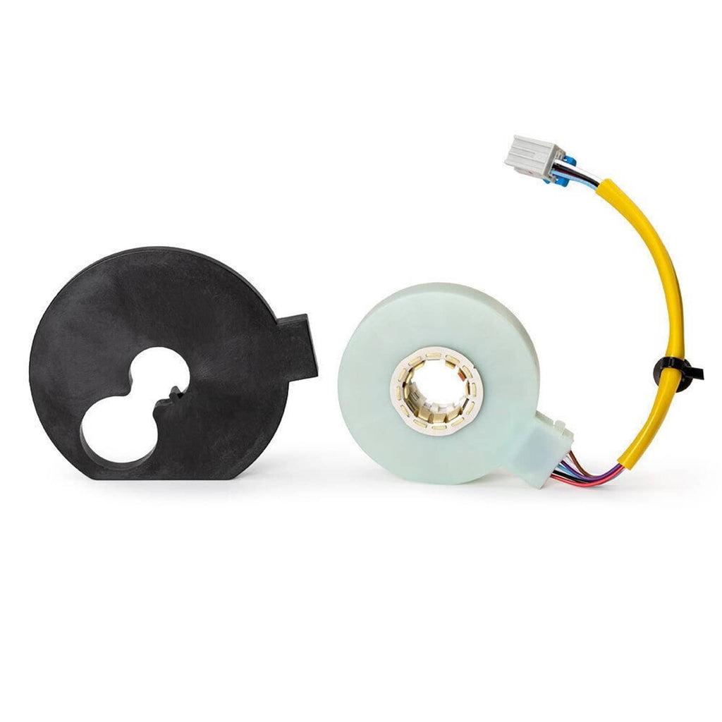 Steering torque sensor components, black and light-blue rings with wiring connector