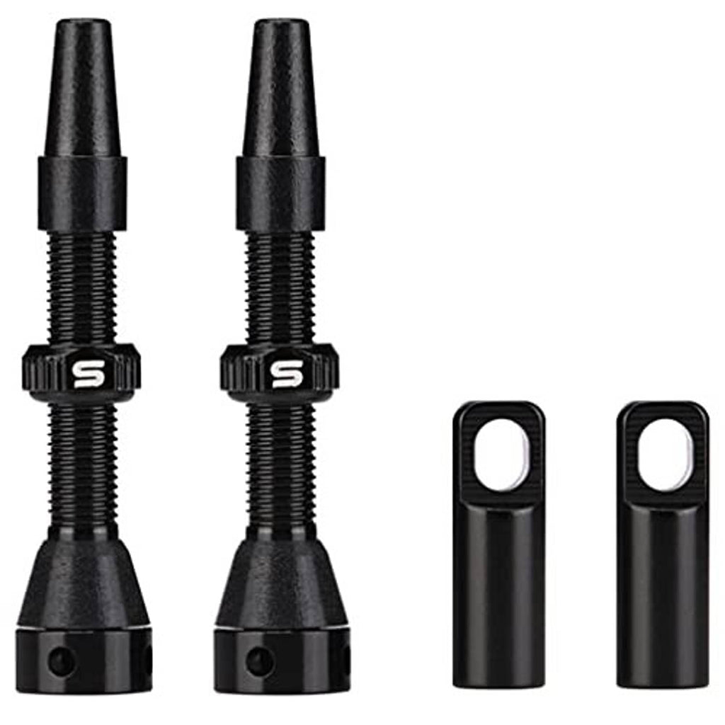 Pair of black tubeless valve stems with knurled threads and protective top caps