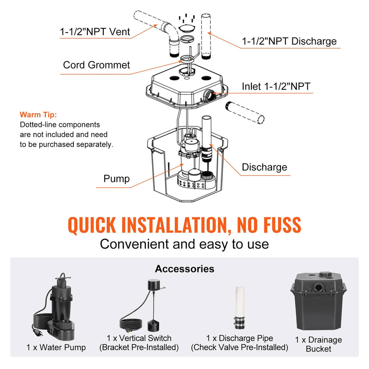 Pump diagram view showing 1-1/2 in NPT discharge and vent fittings, dark gray