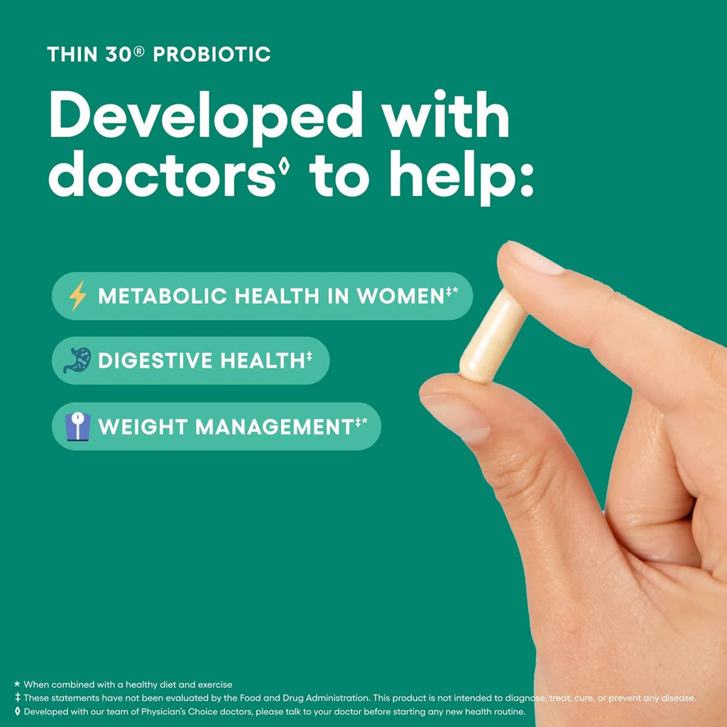 Capsule held in hand next to Thin 30 probiotic health benefits text