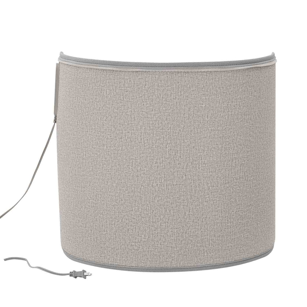 Beige rolled fabric under-desk heater with zipper top and attached power cable