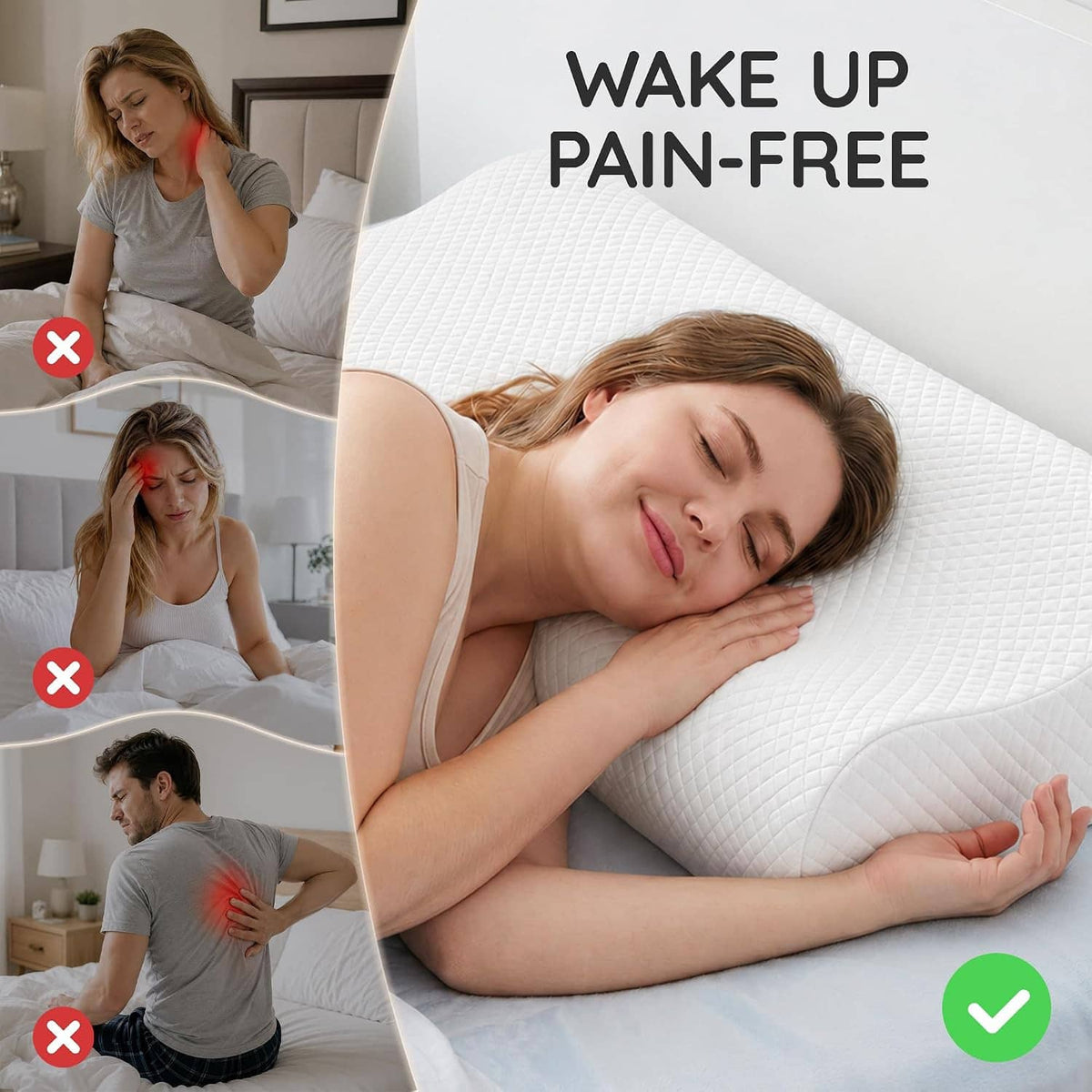 White contour memory foam neck pillow shown in use while sleeping at night