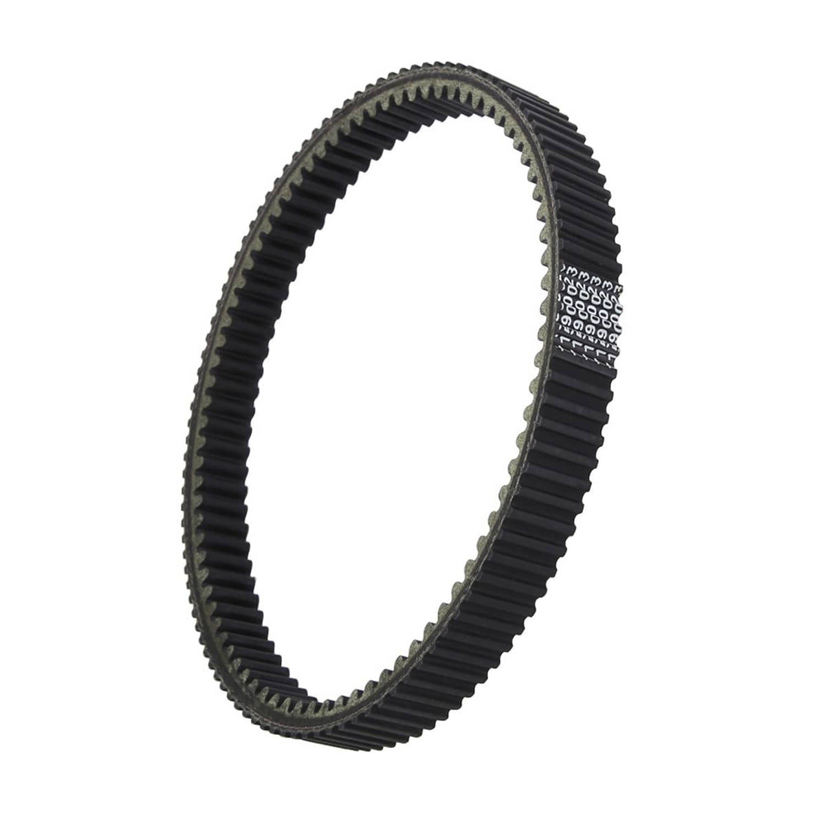 Black drive belt shown in an angled loop, ribbed teeth visible