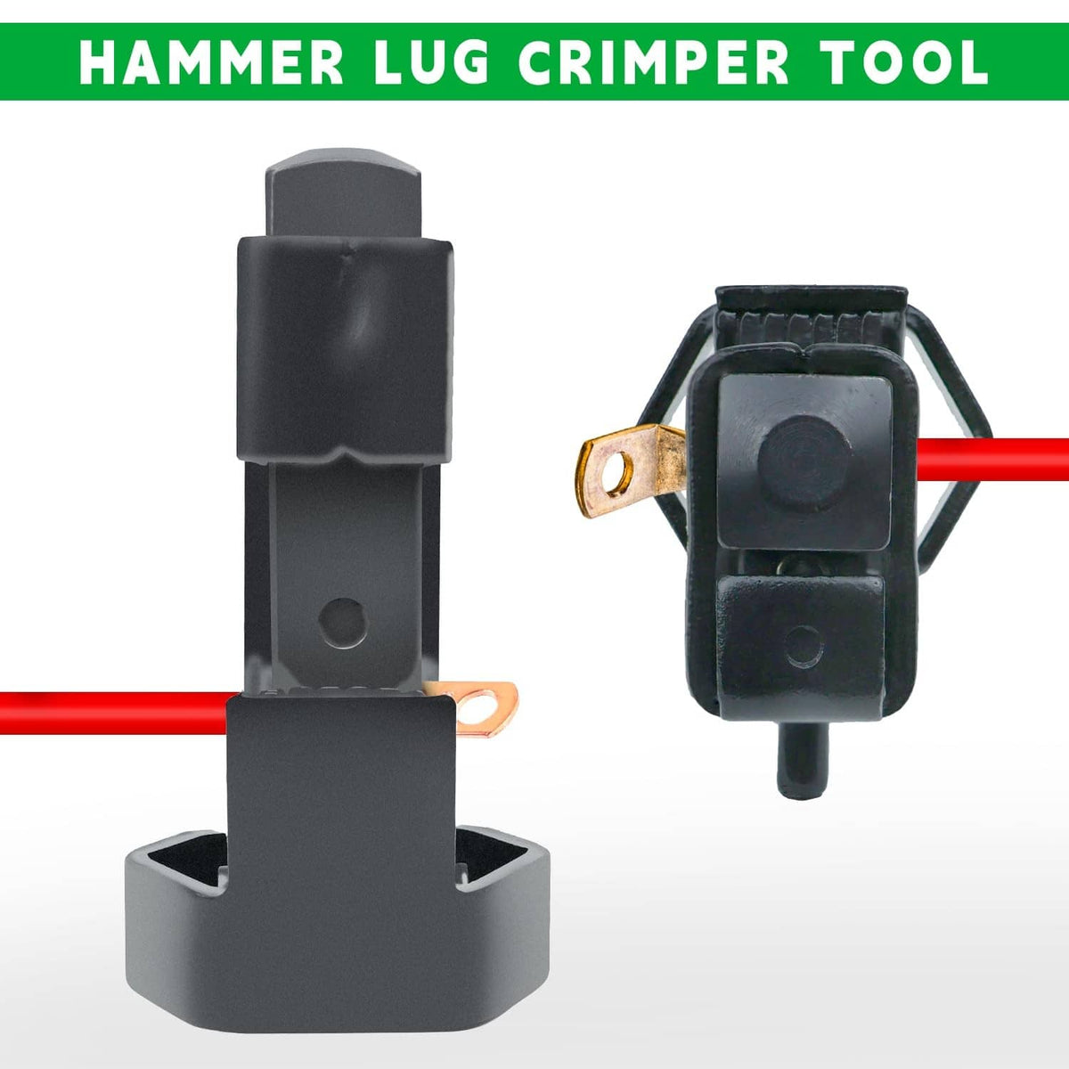 Black hammer lug crimper tool showing side profile and clamp with copper lug