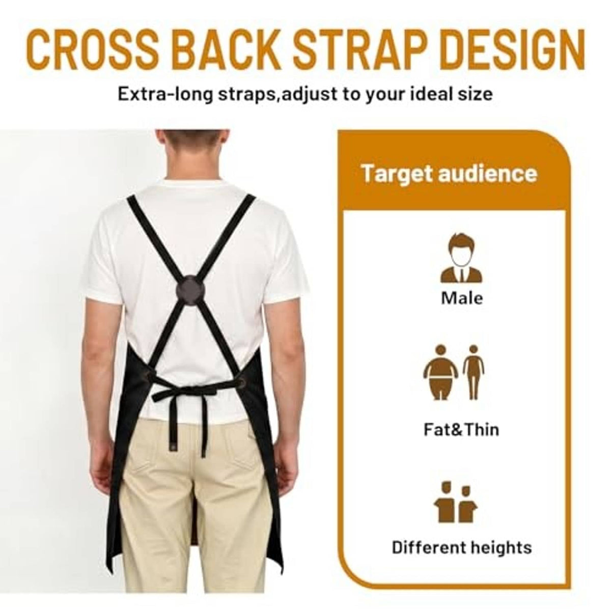 Black apron with cross-back strap design and adjustable length ties at waist