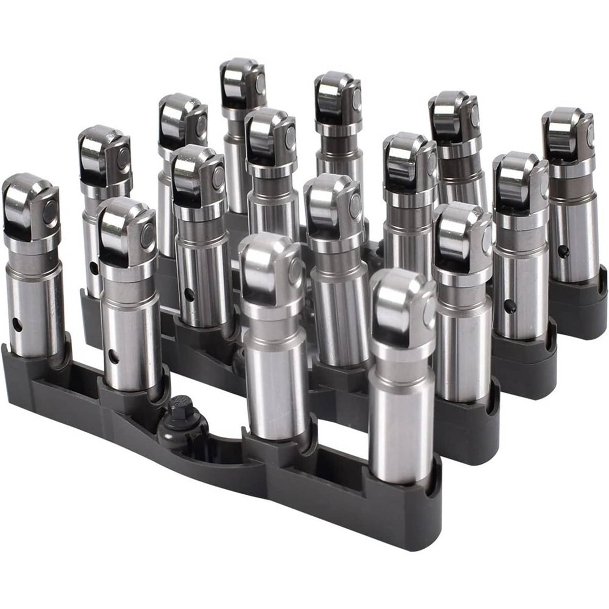 Valve lifter set with multiple chrome roller lifters on a black mounting base