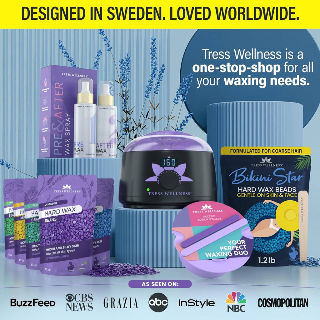 Bikini Star hard wax beads package with wax warmer, pre and after wax sprays