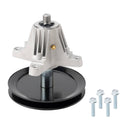 Deck spindle assembly with black pulley, silver housing, threaded shaft and mounting holes.