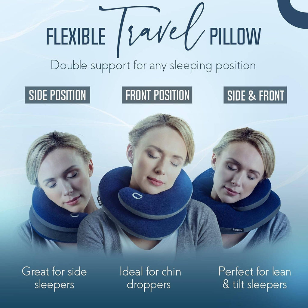 Blue neck pillow on models showing side, front, and side-front sleeping positions