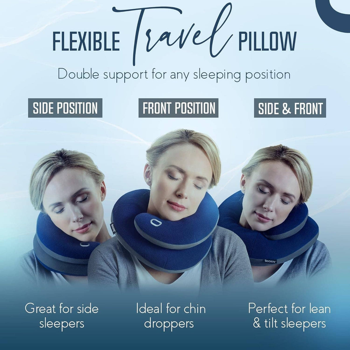 Blue neck pillow on models showing side, front, and side-front sleeping positions