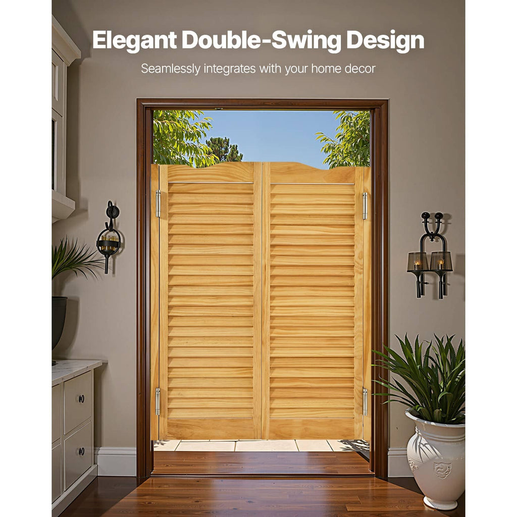 Pine wood double-swing saloon doors with shutter slats and silver hinges