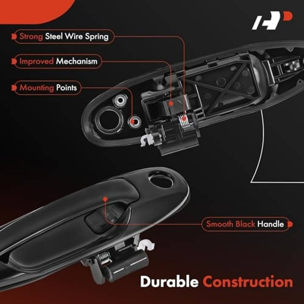 Black front right door handle with visible internal mechanism and mounting points
