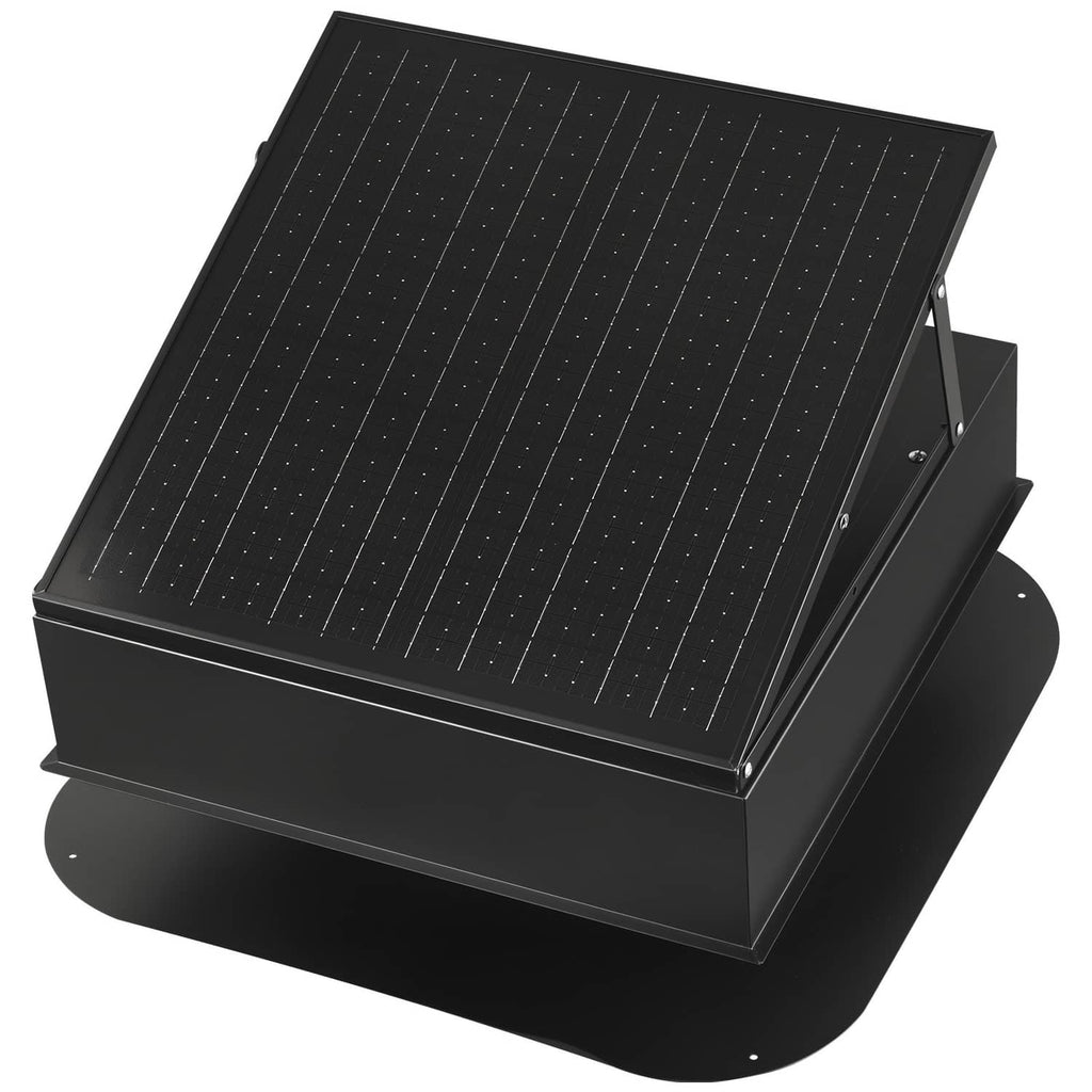 Black solar roof attic exhaust fan with rectangular solar panel and mounting housing