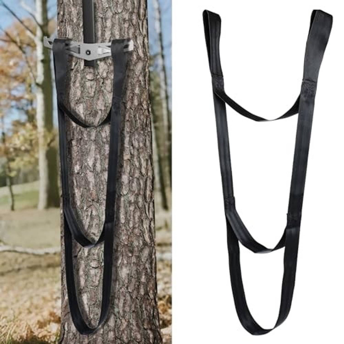 Black 3-step climbing stick aider with three curved webbing loops and straight straps