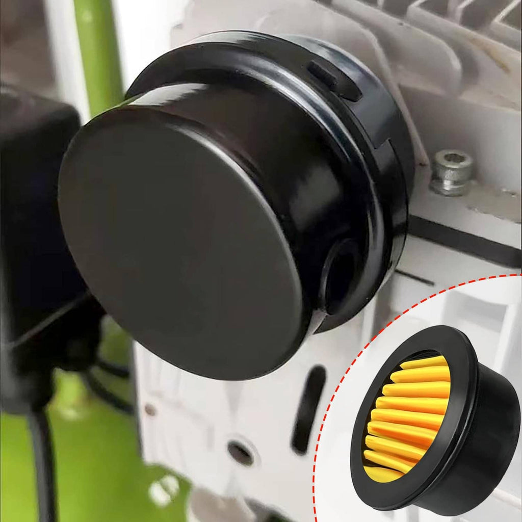 Air compressor silencer muffler with glossy black housing and yellow pleated filter insert