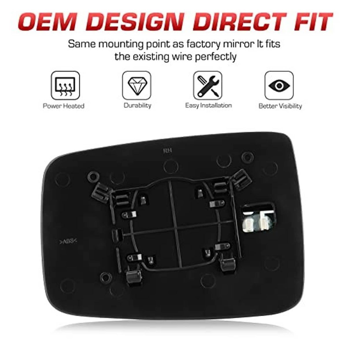 Heated side mirror glass backing plate with wire connectors for left driver side.