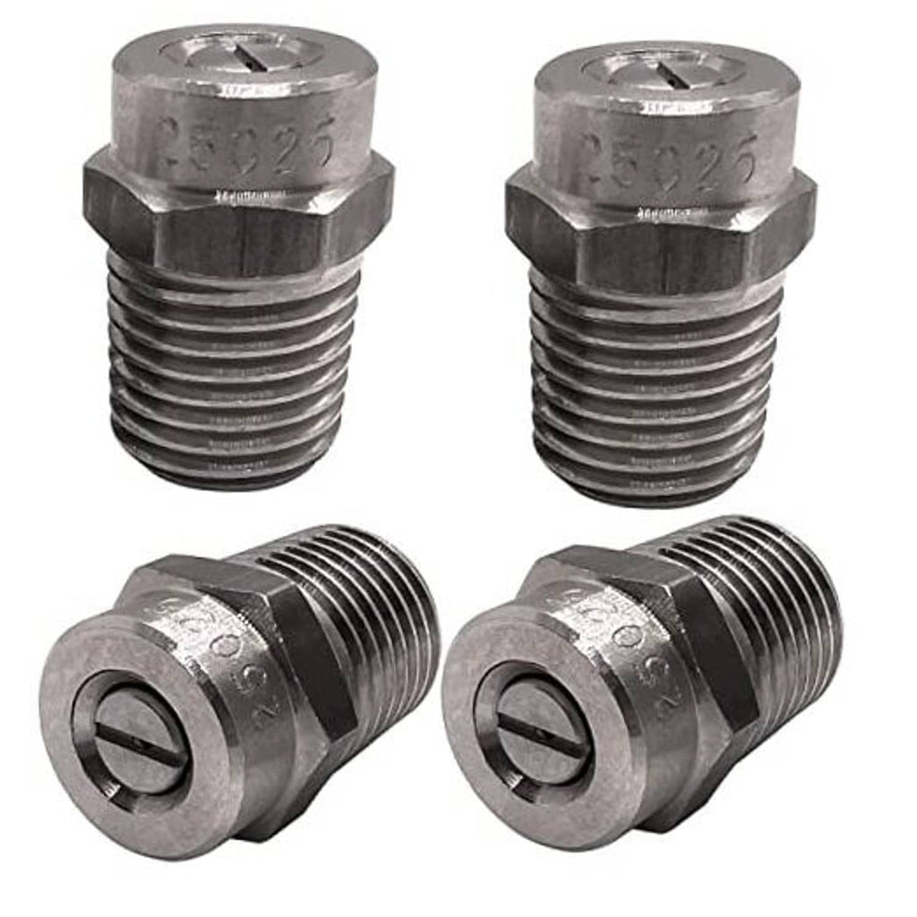 Stainless steel pressure washer nozzle tip set with threaded connection, close-up pair