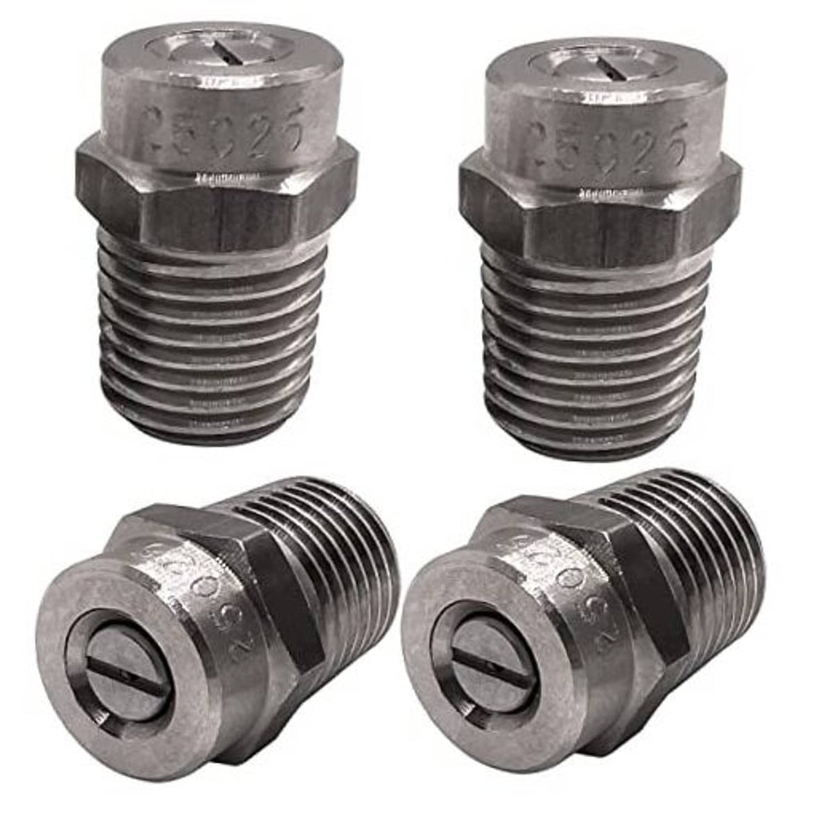 Stainless steel pressure washer nozzle tip set with threaded connection, close-up pair