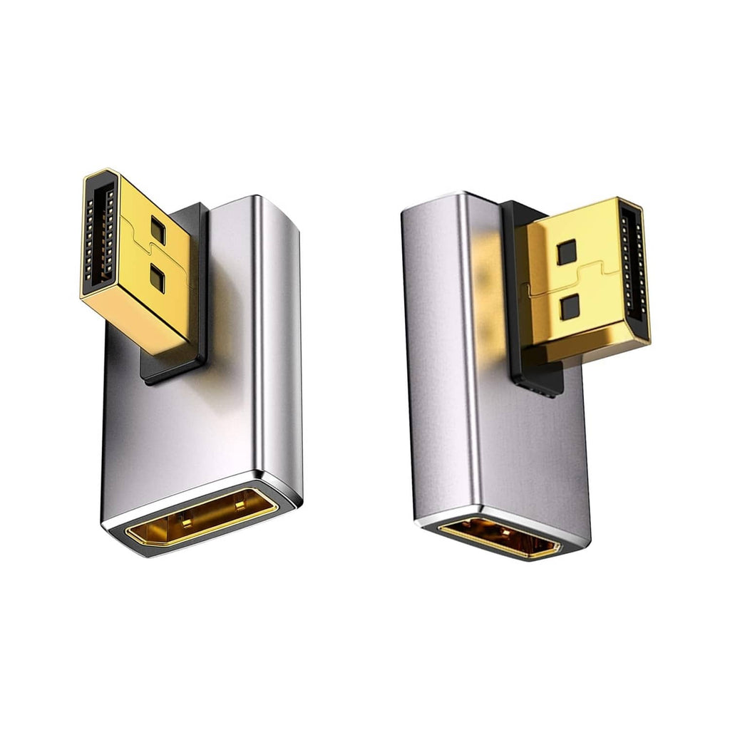 90-degree DisplayPort adapter extender with silver body and gold-plated connector ports
