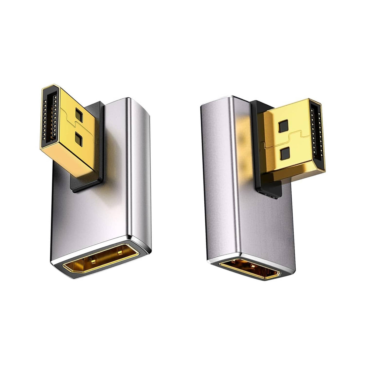 90-degree DisplayPort adapter extender with silver body and gold-plated connector ports