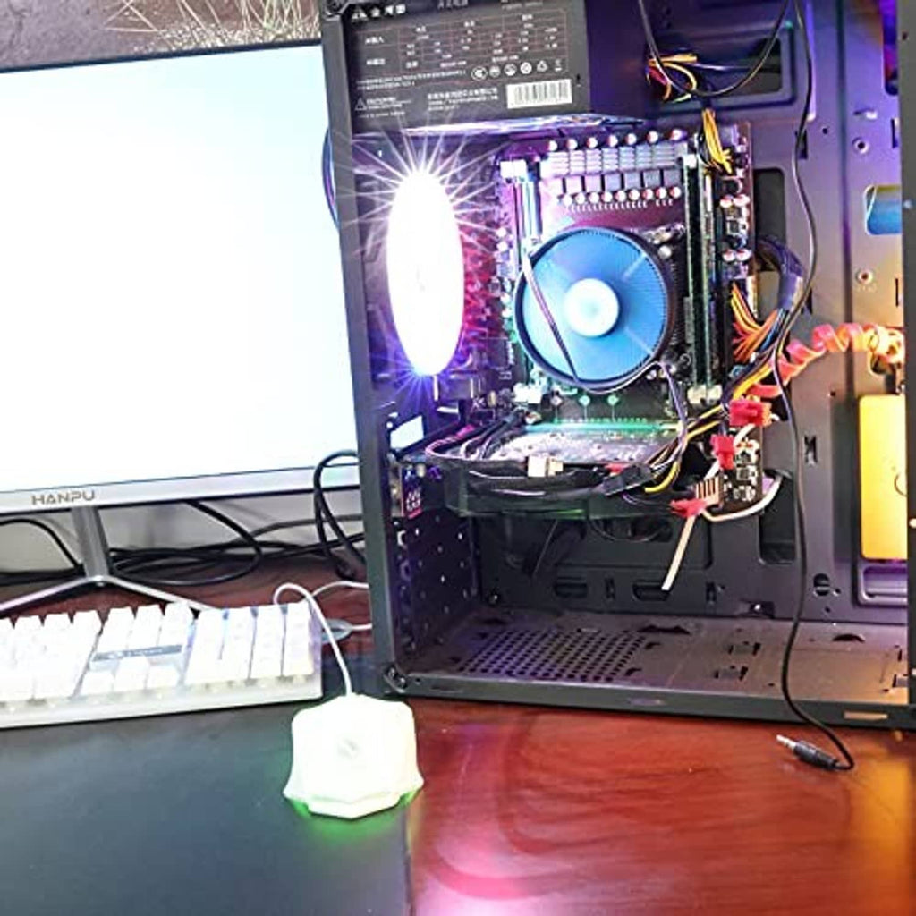 Desktop PC interior showing connected 4-pin PWM fan splitter cables with braided sleeves
