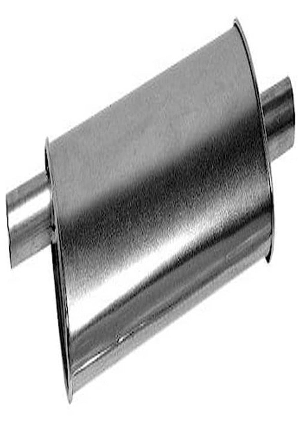 Universal exhaust muffler with silver cylindrical body and side inlet/outlet pipe stubs