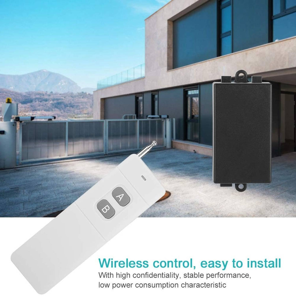 2-channel RF remote control switch transmitter with white remote and black receiver on mount