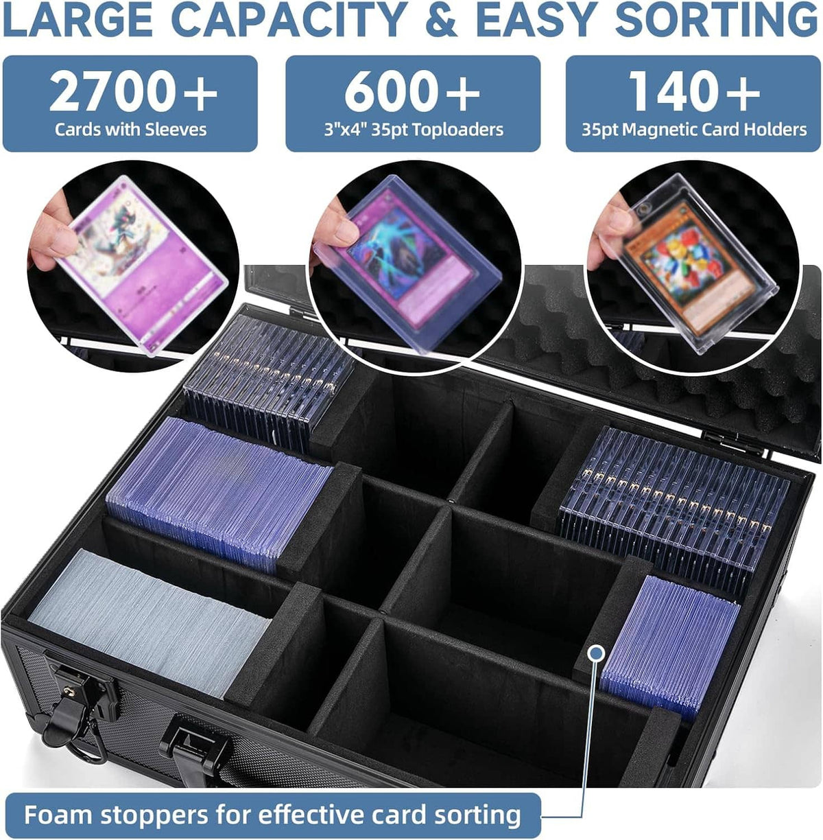 Open black card storage case with divided compartments and blue foam stoppers for sorting