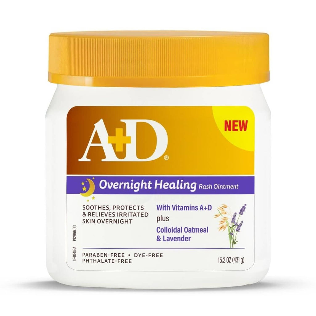 A+D Overnight Healing Rash Ointment jar with yellow cap and front label