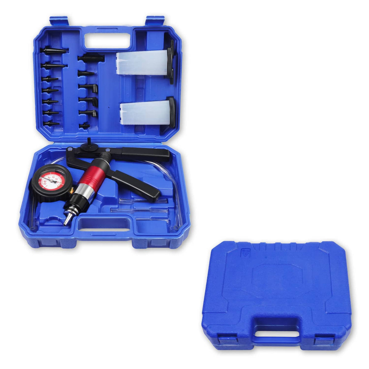 Vacuum brake bleeder tool kit with pressure gauge and red hand pump in case