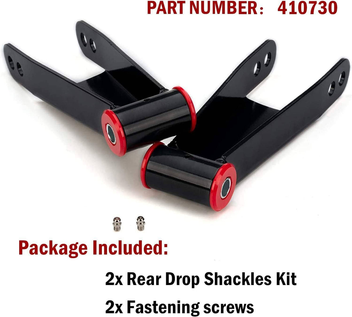 Black rear drop shackles kit with red bushings and mounting brackets